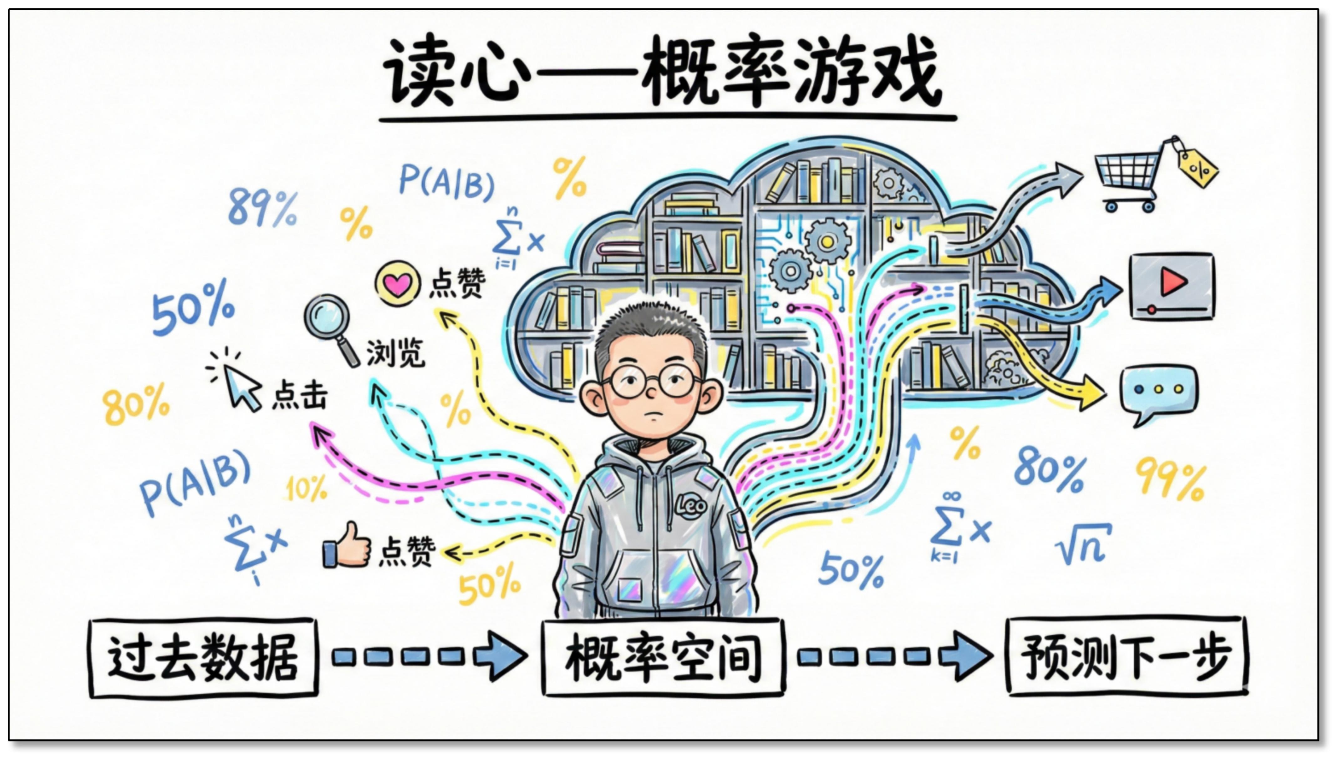 读心——概率游戏：过去数据 → 概率空间（Probability Space）→ 预测下一步